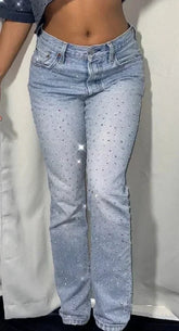 Threebooy Baggy Jeans Women High Waist Slim Y2K Pants Gothic Pocket Sequins Rhinestone Retro Blue Jeans Fashion Straight Denim Trousers
